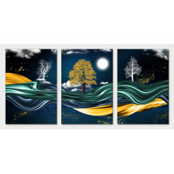 golden tree mountain waves birds Wall Sticker for Home Decor