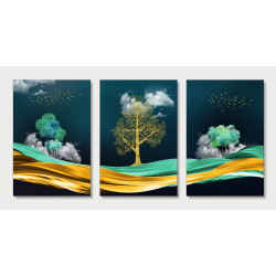 golden tree mountain waves birds moon Wall Sticker for Home Decor